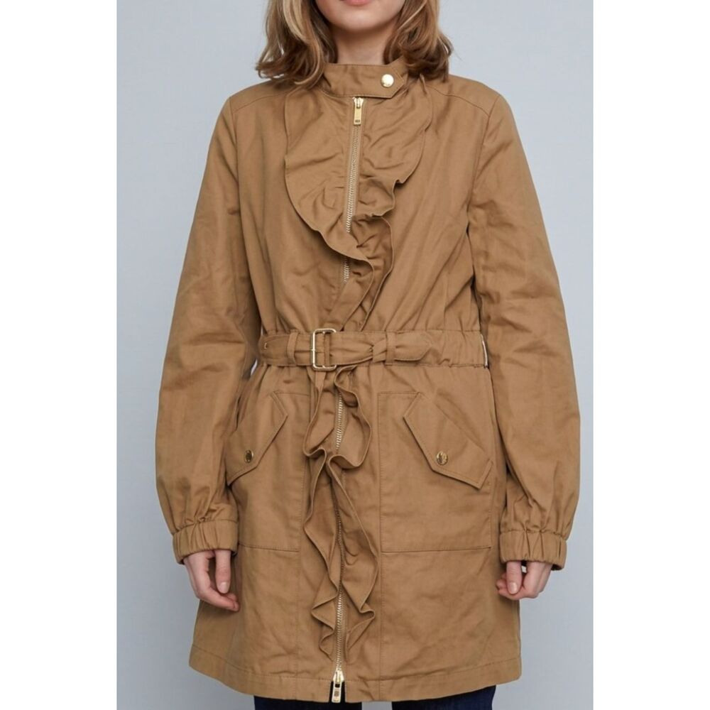 Tory Burch Warren Ruffle Rain Coat Camel Brown Tan Belted Jacket Size 10